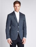 Marks & Spencer Pure Linen Tailored Fit 2 Button Boating Striped Jacket Navy