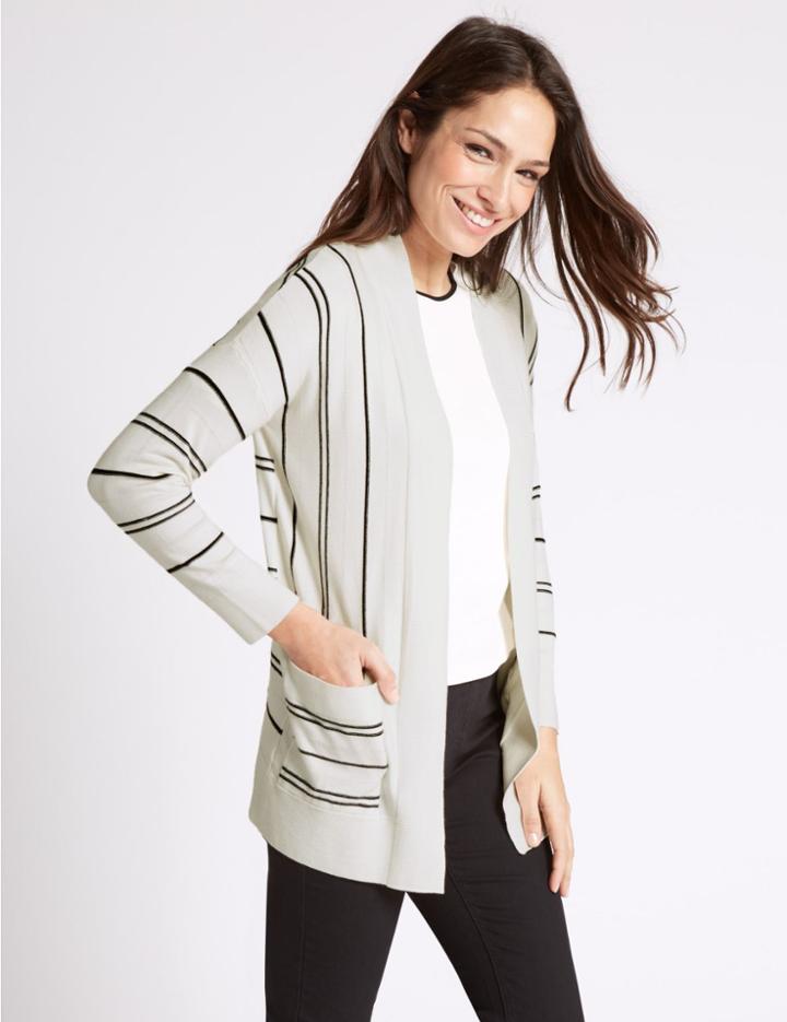 Marks & Spencer Open Front Striped 2 Pocket Cardigan Cream Mix