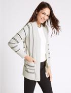 Marks & Spencer Open Front Striped 2 Pocket Cardigan Cream Mix