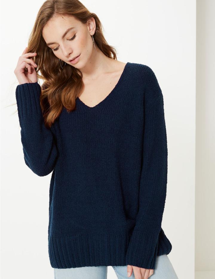 Marks & Spencer Textured V-neck Jumper Navy