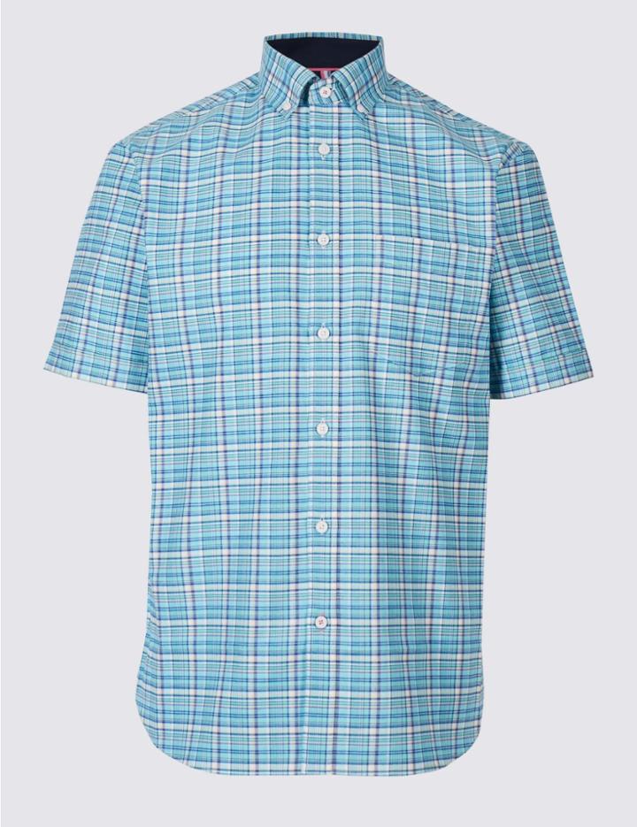 Marks & Spencer Pure Cotton Checked Shirt With Pocket Aqua