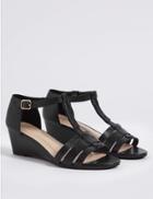 Marks & Spencer Leather Wide Fit Wedge Sandals Black