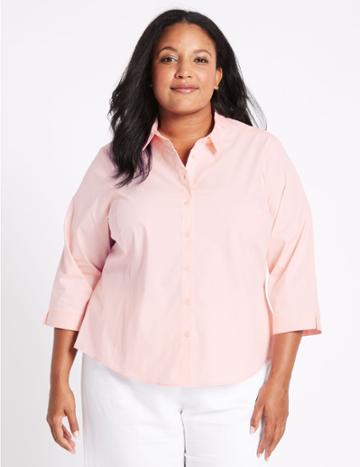 Marks & Spencer Curve Cotton Rich 3/4 Sleeve Shirt Pink