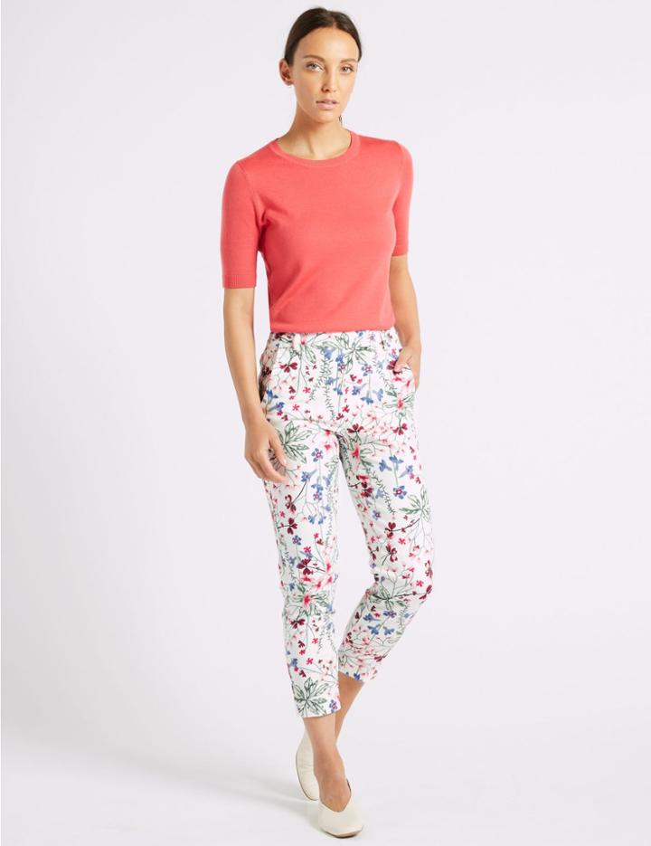 Marks & Spencer Cotton Rich Floral Cropped Slim Leg Trousers Ivory Mix