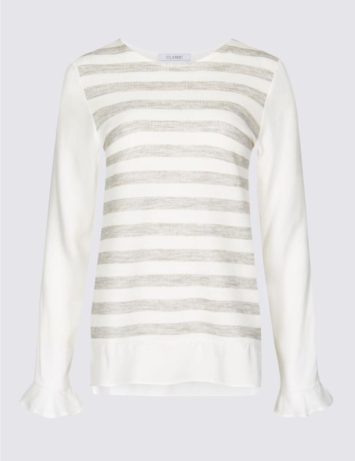 Marks & Spencer Striped Round Neck Long Sleeve Tunic Ivory Mix
