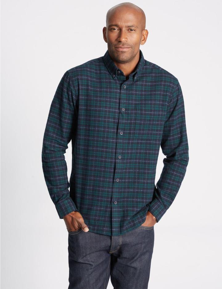 Marks & Spencer Pure Cotton Checked Shirt Dark Evergreen