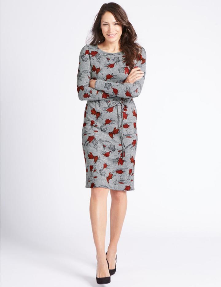 Marks & Spencer Printed Tunic Midi Dress With Belt Grey Mix