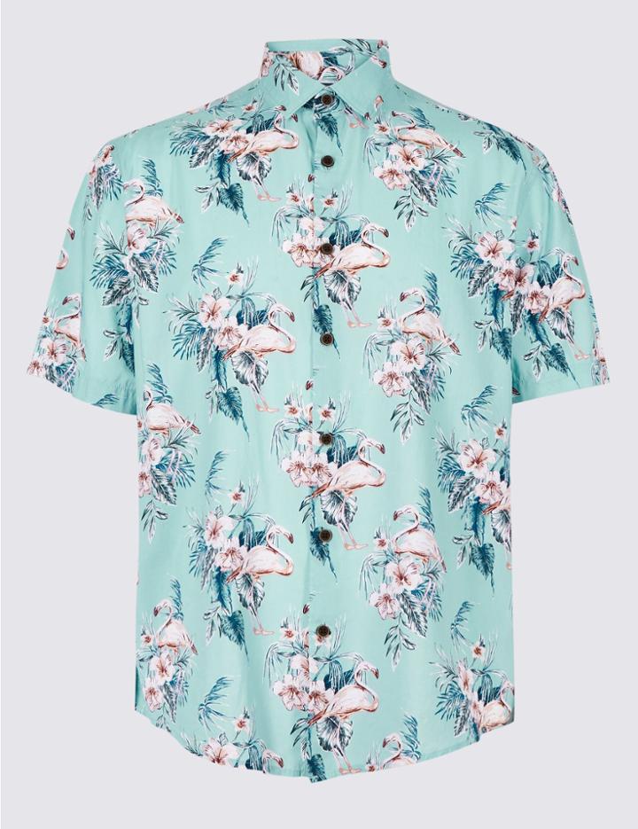Marks & Spencer Cotton Rich Printed Shirt Teal