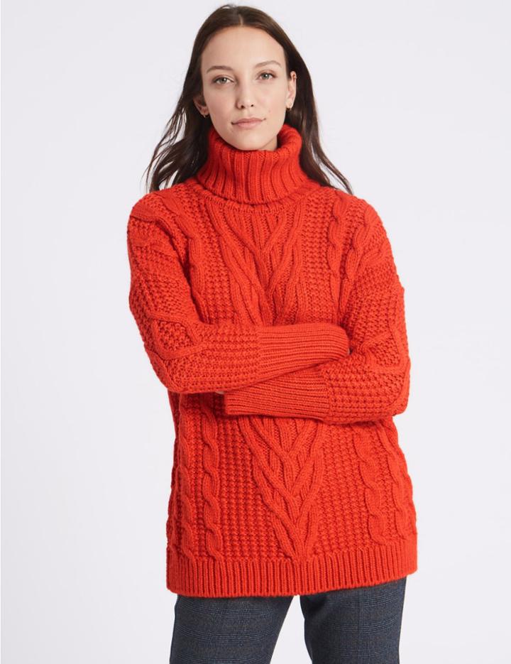 Marks & Spencer Cable Knit Turtle Neck Jumper Orange