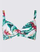 Marks & Spencer Floral Print Twisted Plunge Bikini Top White Mix
