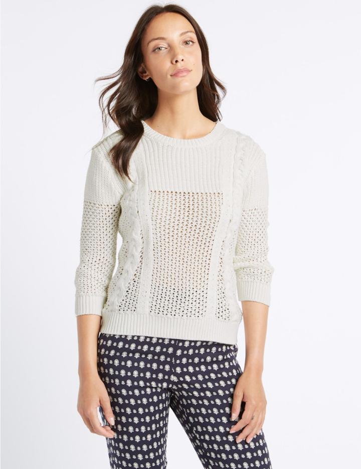 Marks & Spencer Pure Cotton Textured 3/4 Sleeve Jumper Cream