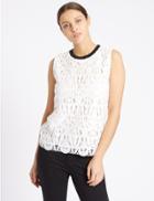 Marks & Spencer Lace Front Round Neck Sleeveless Jersey Top Ivory