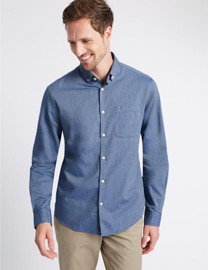 Marks & Spencer Pure Cotton Tailored Fit Shirt With Pocket Navy