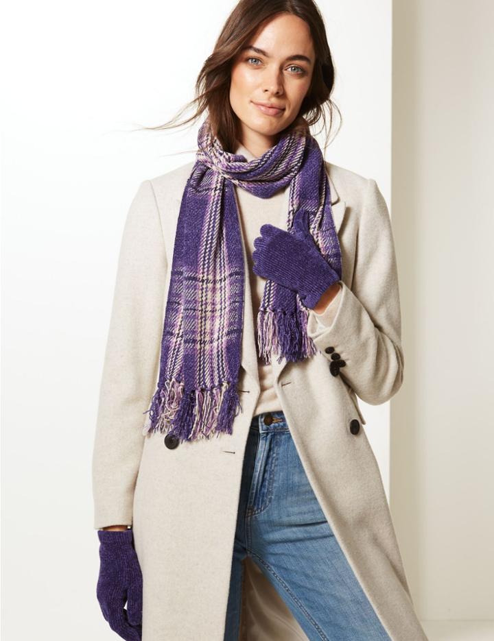Marks & Spencer Checked Scarf With Gloves Set Purple Mix