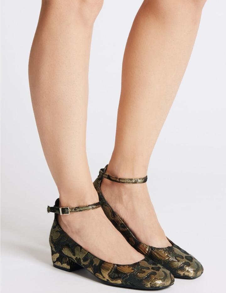 Marks & Spencer Block Heel Ankle Strap Court Shoes Gold