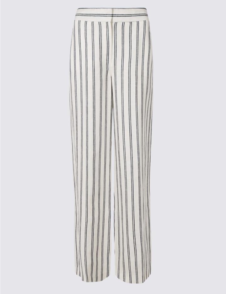 Marks & Spencer Pure Linen Striped Wide Leg Flared Trousers Ivory Mix