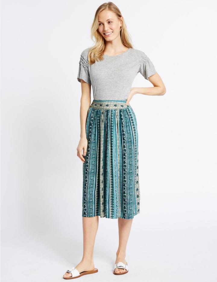 Marks & Spencer Printed Skater Midi Skirt Blue Mix