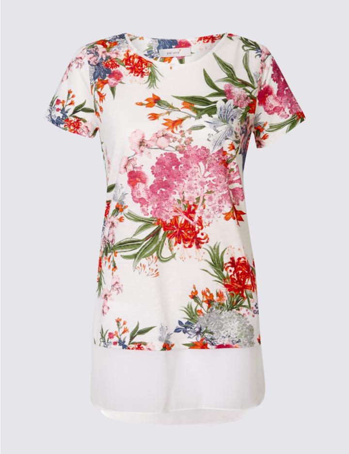 Marks & Spencer Cotton Blend Floral Print Jersey Top Ivory Mix