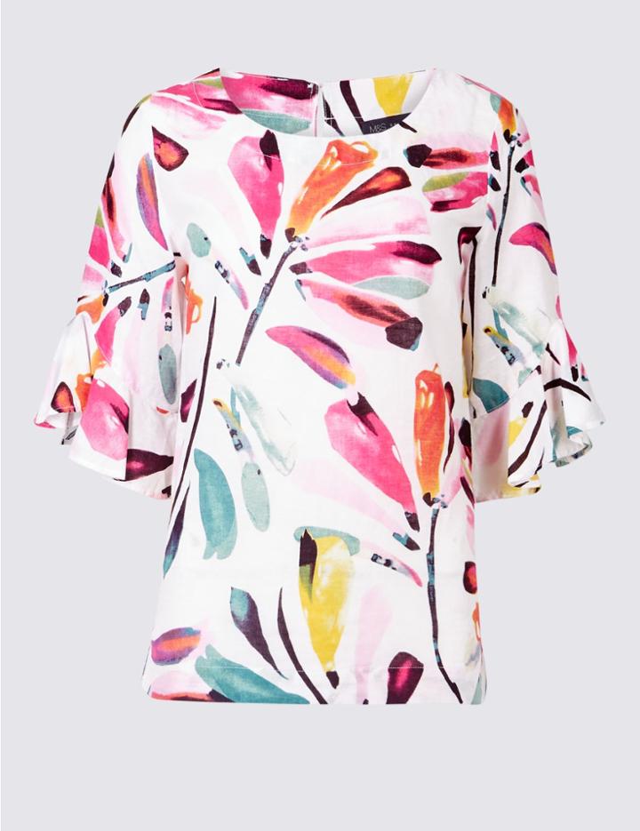 Marks & Spencer Linen Rich Printed Ruffle Sleeve Blouse Ivory Mix