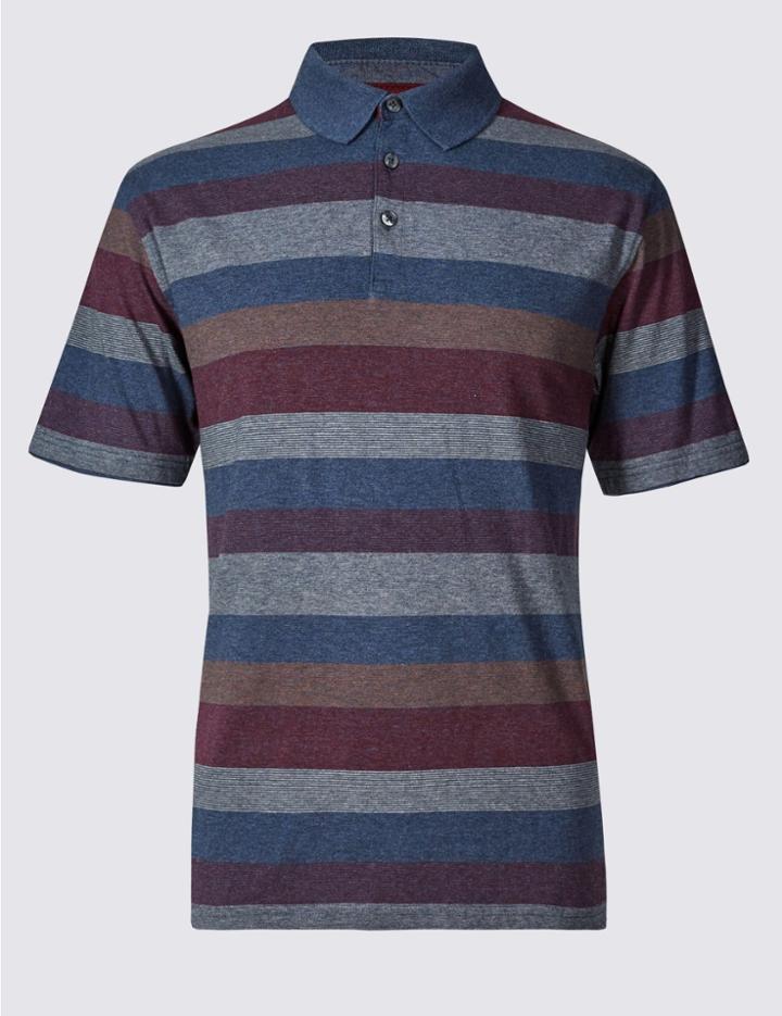 Marks & Spencer Pure Cotton Striped Polo Shirt Denim Mix