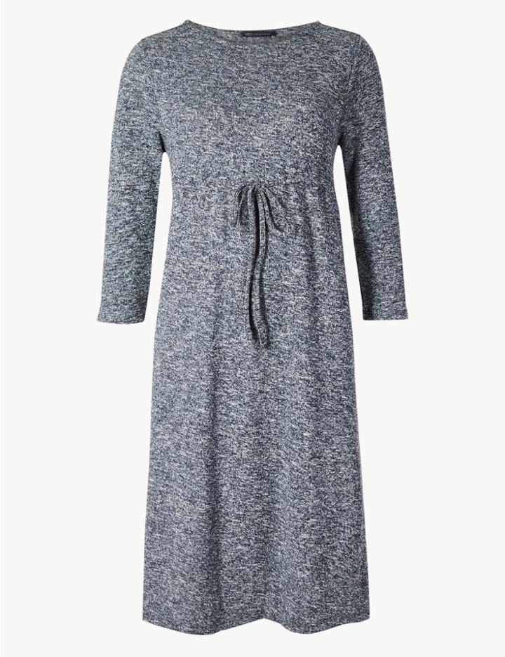Marks & Spencer Textured 3/4 Sleeve Waisted Dress Black Mix