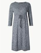 Marks & Spencer Textured 3/4 Sleeve Waisted Dress Black Mix