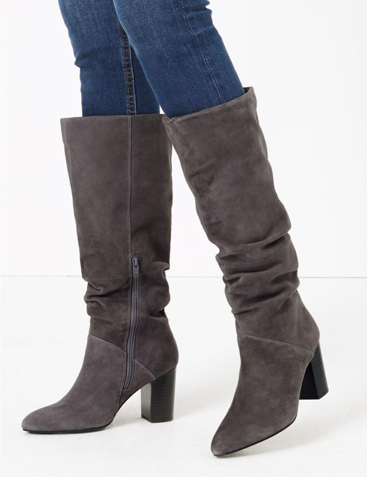 Marks & Spencer Slouch Block Heel Almond Toe Knee Boots Grey