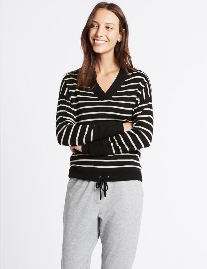 Marks & Spencer Pure Wool Striped V-neck Jumper Black Mix