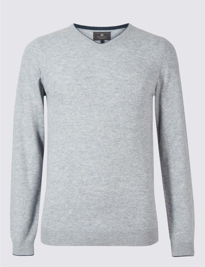 Marks & Spencer Merino Wool Rich V-neck Jumper Blue/grey