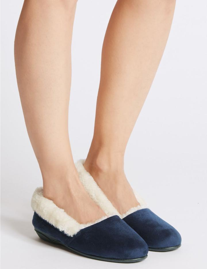 Marks & Spencer Fur Ballerina Slippers Navy