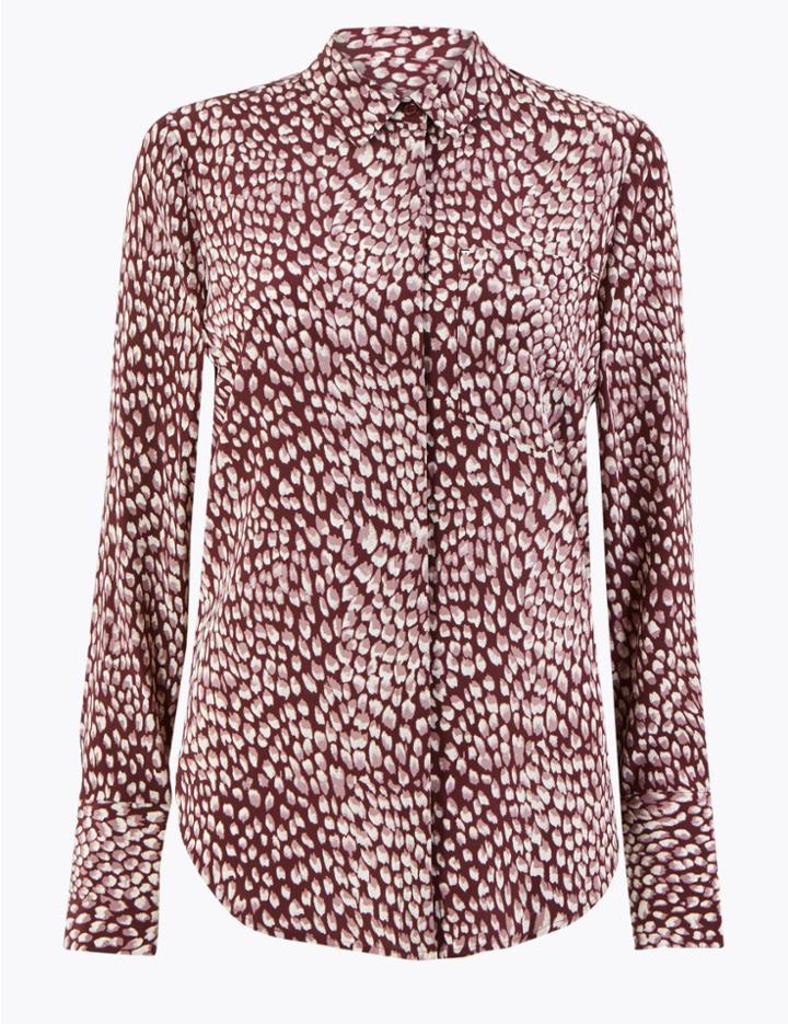 Marks & Spencer Pure Silk Printed Relaxed Fit Shirt Burgundy Mix