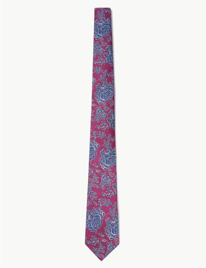 Marks & Spencer Pure Silk Rose Floral Tie Magenta Mix