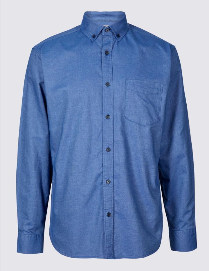 Marks & Spencer Pure Cotton Slim Fit Oxford Shirt With Pocket Bright Blue