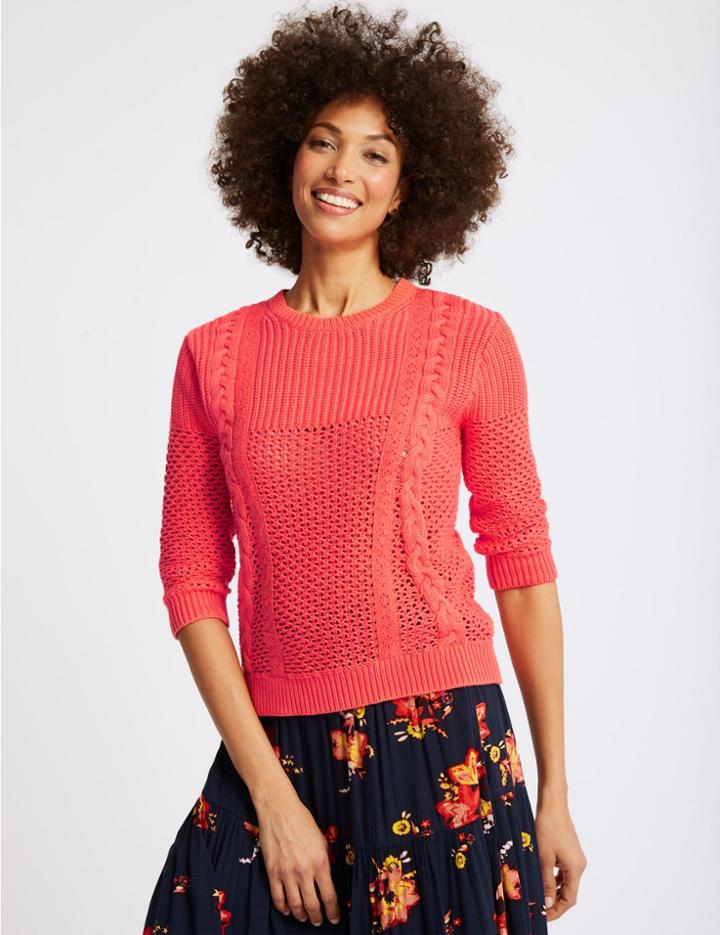 Marks & Spencer Pure Cotton Textured 3/4 Sleeve Jumper Flame