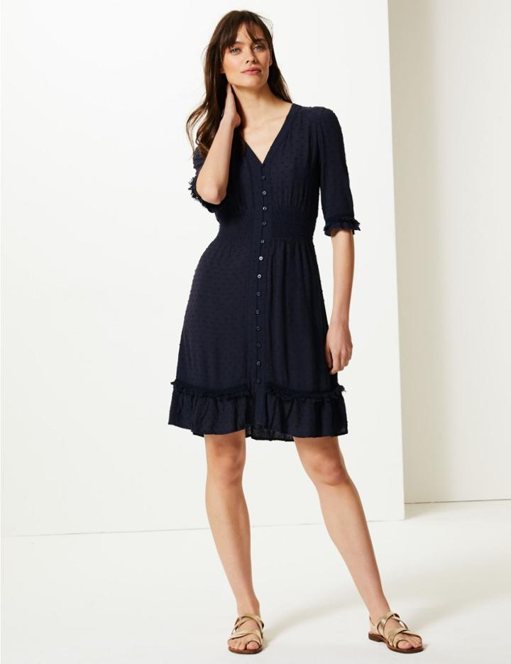 Marks & Spencer Dobby Button Front Waisted Dress Navy
