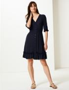 Marks & Spencer Dobby Button Front Waisted Dress Navy