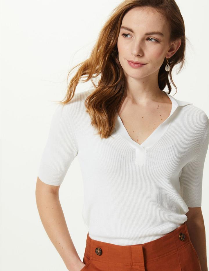 Marks & Spencer Ribbed Short Sleeve Knitted Top Soft White
