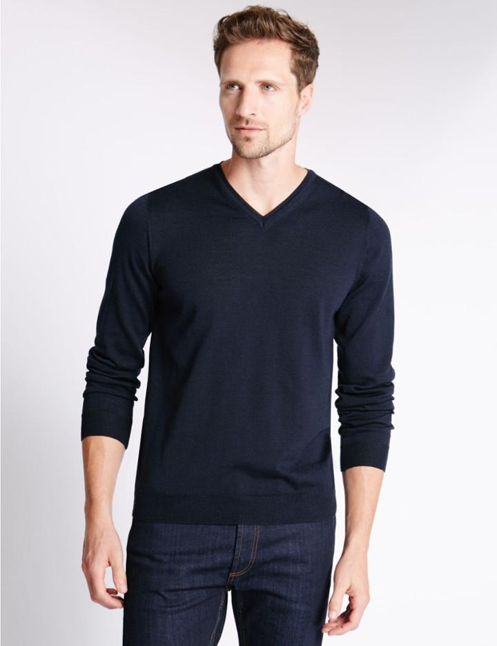 Marks & Spencer Merino Wool Rich Slim Fit Jumper With Silk Navy