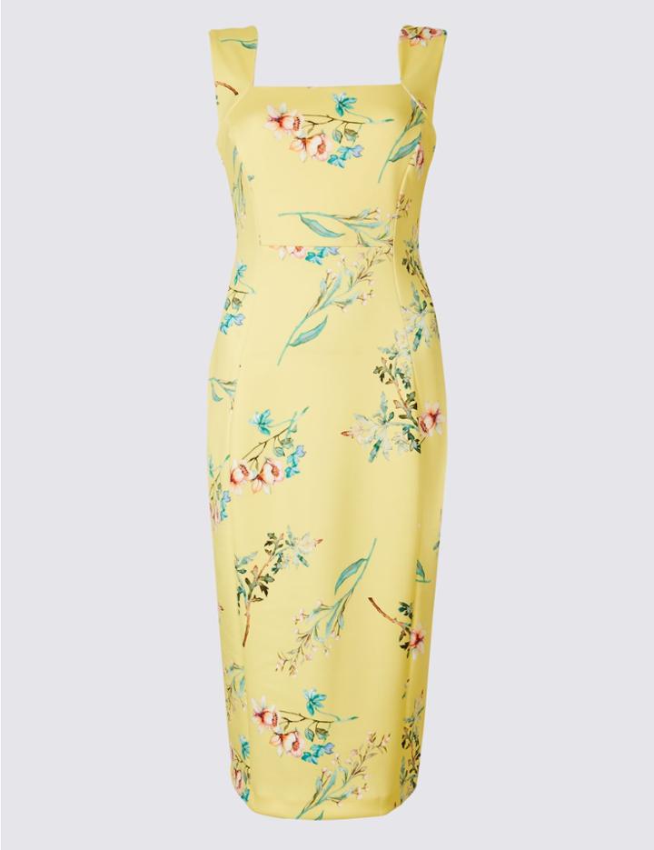 Marks & Spencer Floral Print Square Neck Bodycon Midi Dress Yellow Mix