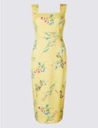 Marks & Spencer Floral Print Square Neck Bodycon Midi Dress Yellow Mix