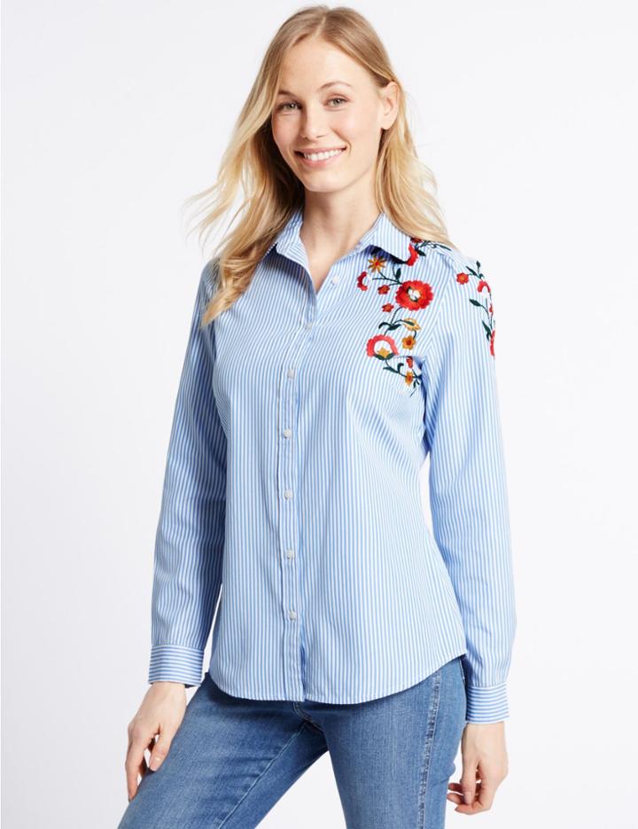 Marks & Spencer Cotton Rich Embroidered Fuller Bust Shirt Multi