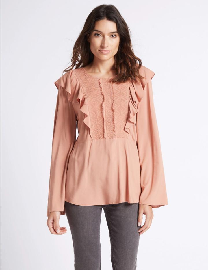 Marks & Spencer Ruffle Round Neck Long Sleeve Blouse Soft Orange
