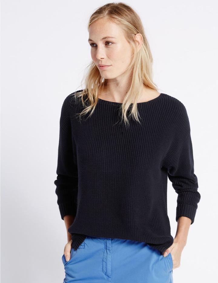 Marks & Spencer Pure Cotton Ribbed Slash Neck Jumper Navy