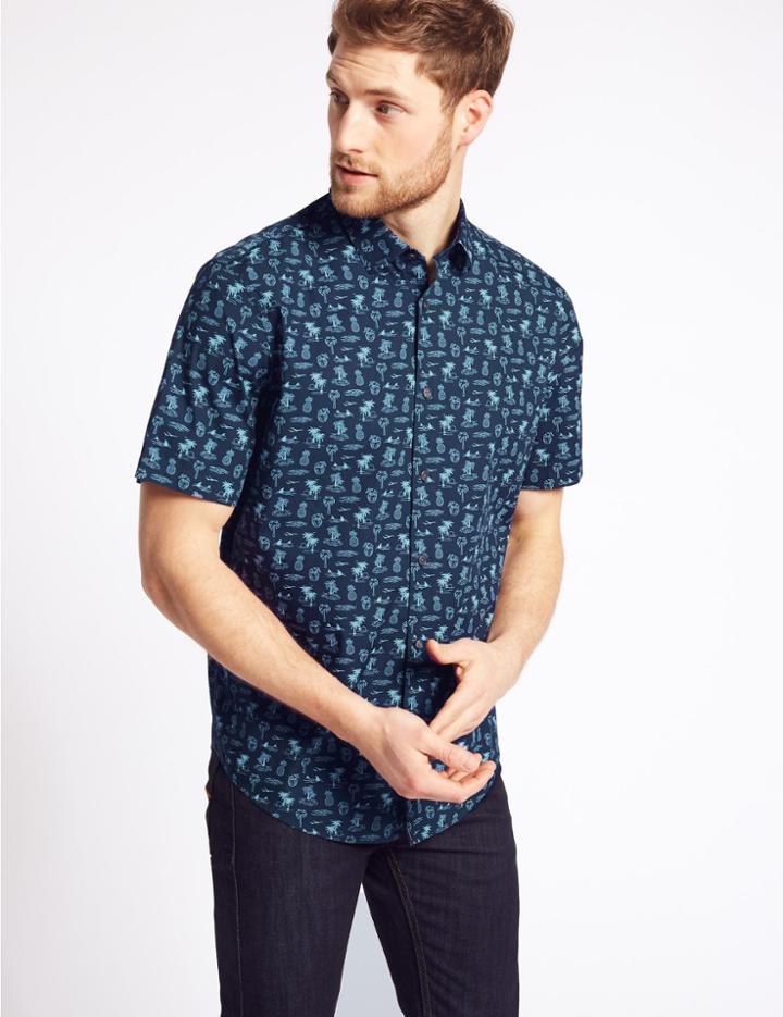 Marks & Spencer Pure Cotton Sunset Printed Shirt Indigo