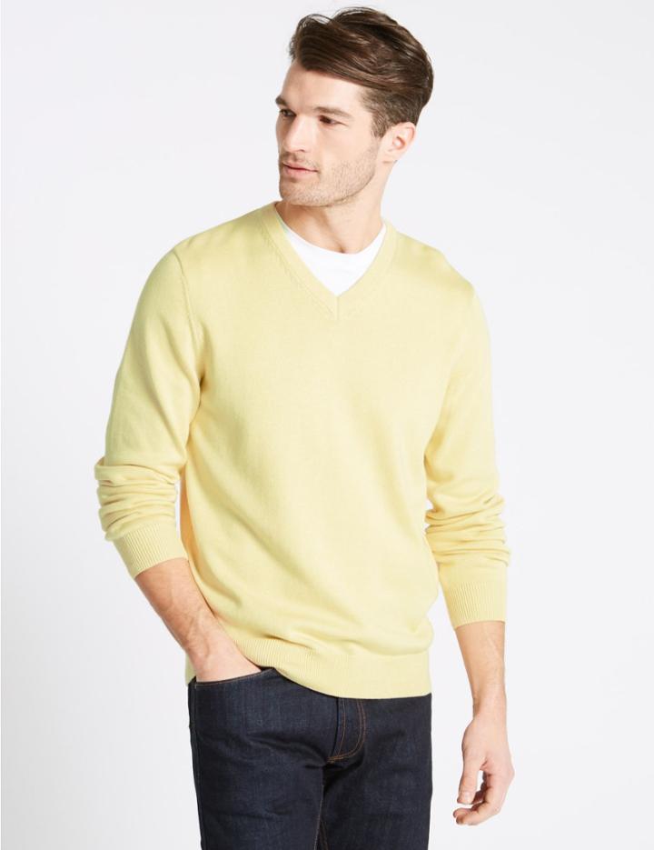 Marks & Spencer Pure Cotton V-neck Jumper Soft Yellow
