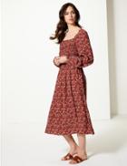 Marks & Spencer Floral Print Long Sleeve Waisted Midi Dress Terracotta Mix