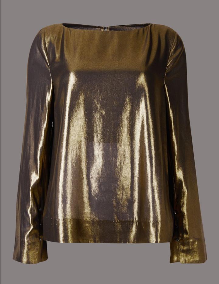 Marks & Spencer Metallic Slash Neck Long Sleeve Shell Top Gold