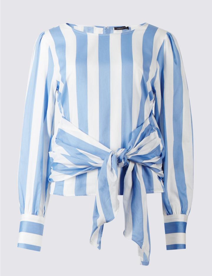 Marks & Spencer Pure Cotton Striped Tie Front Shell Top Chambray Mix