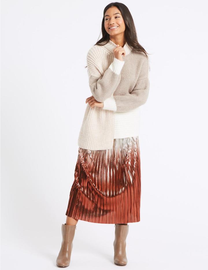 Marks & Spencer Metallic Dip Dye Pleated A-line Midi Skirt Silver Mix