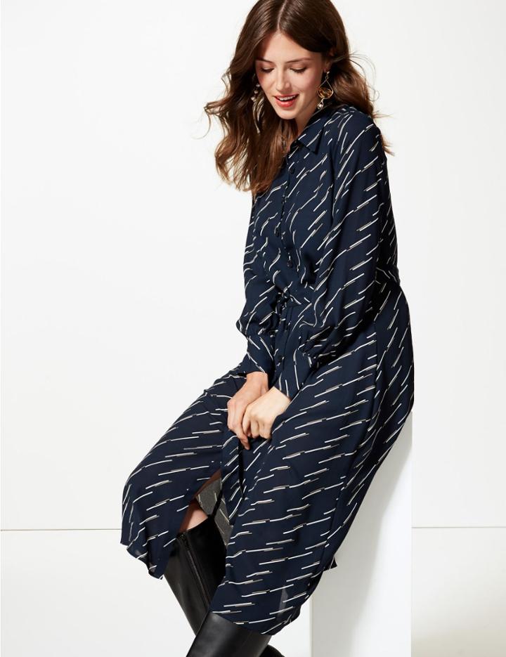 Marks & Spencer Printed Longline Shirt Midi Dress Navy Mix